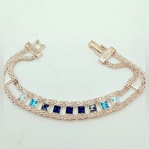 Givenchy Silvertone Shades of Blue Crystal Multiple Strand Chain Bracelet 7 in